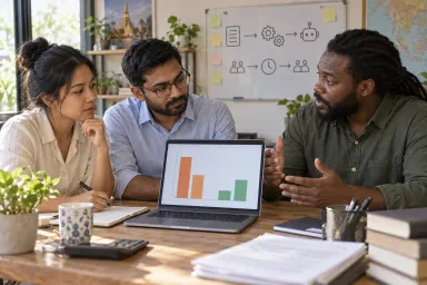 A small-business owner and colleagues compare the costs and benefits of automating a process.