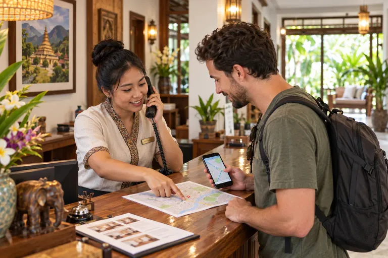 A receptionist answers a booking call and points a traveler to the hotel on a map.