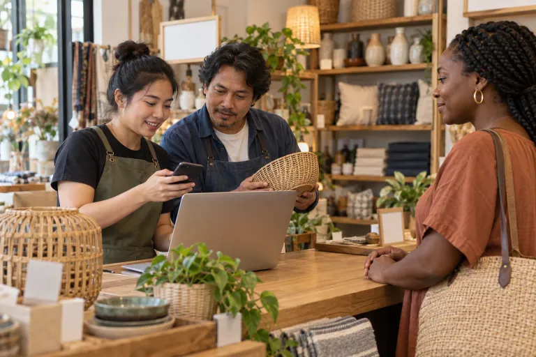 พนักงานร้านกำลังตรวจสอบคำถามจากแบบฟอร์มกับเจ้าของและเตรียมตอบลูกค้า